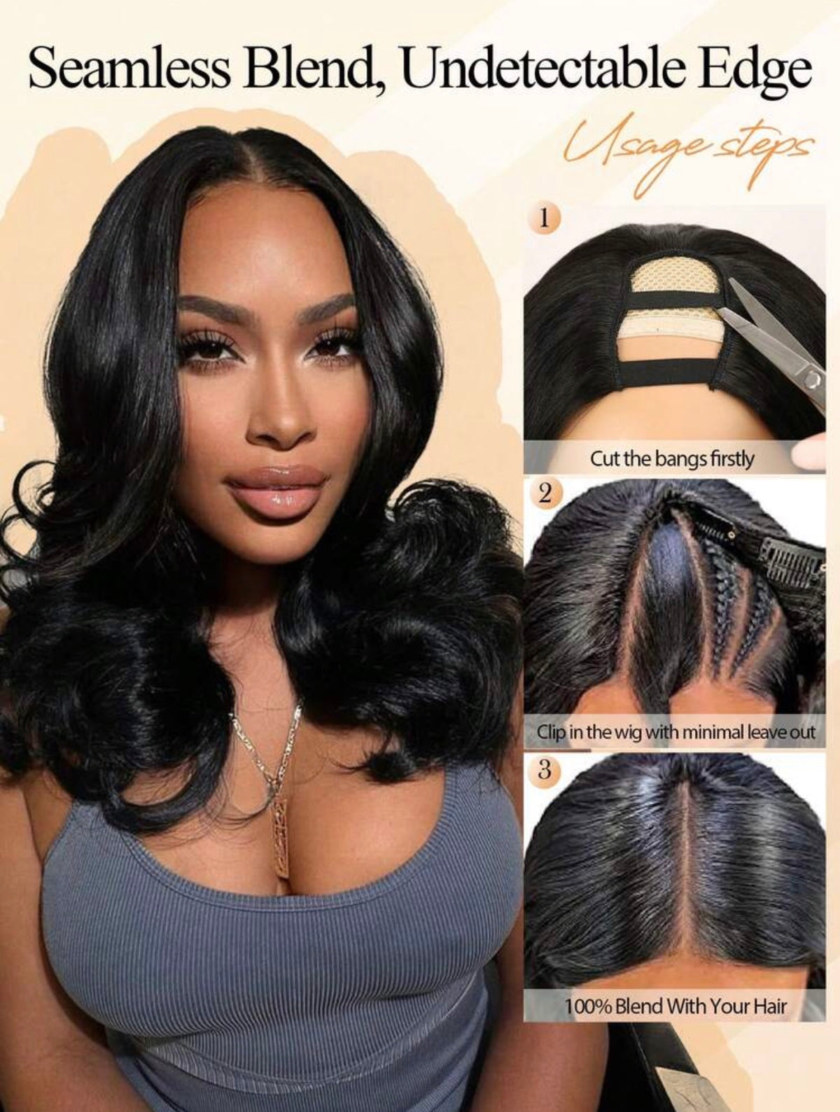 16-Inch U-Shaped Clip-On Half Wig, No Sewing Or Glue Needed, Made Of Synthetic Wavy Hair, Suitable For Daily Use By Women, Natural Color