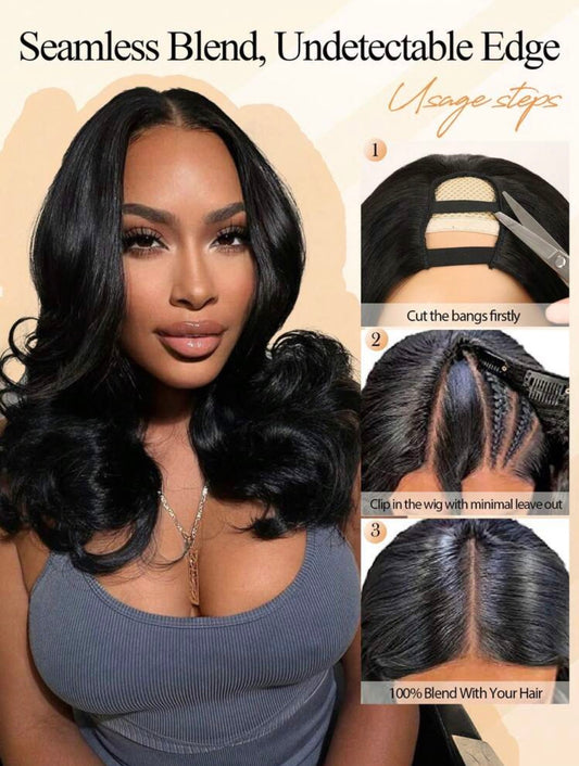 16-Inch U-Shaped Clip-On Half Wig, No Sewing Or Glue Needed, Made Of Synthetic Wavy Hair, Suitable For Daily Use By Women, Natural Color