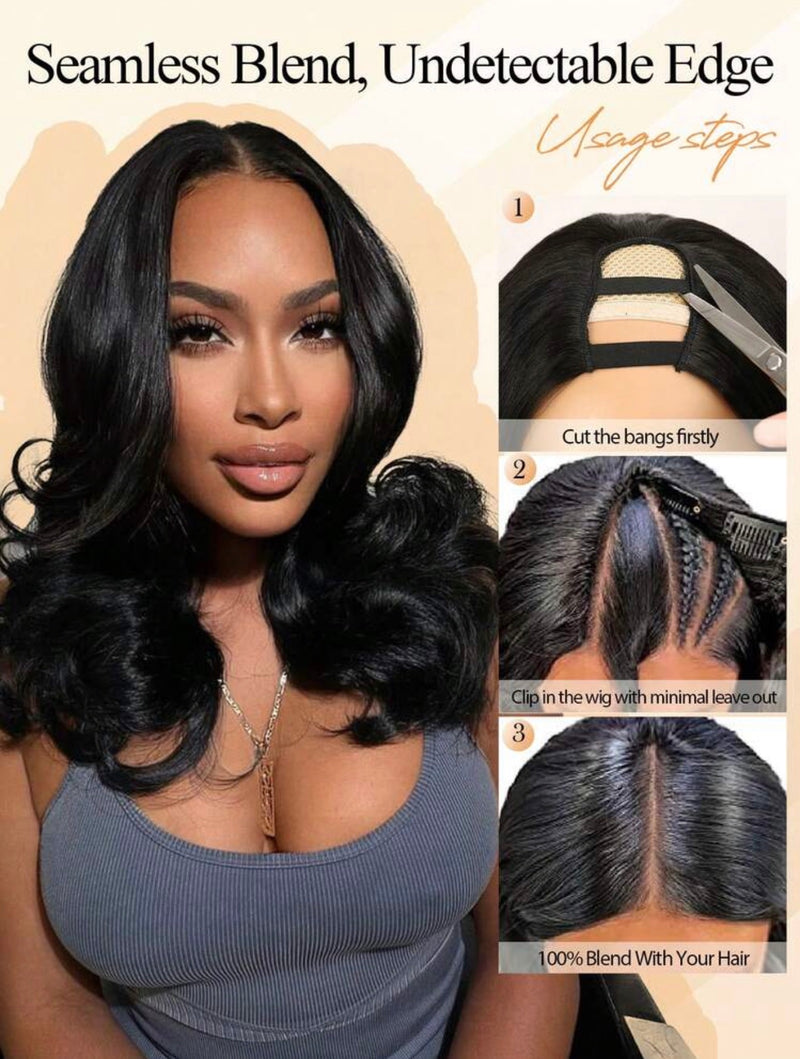 16-Inch U-Shaped Clip-On Half Wig, No Sewing Or Glue Needed, Made Of Synthetic Wavy Hair, Suitable For Daily Use By Women, Natural Color