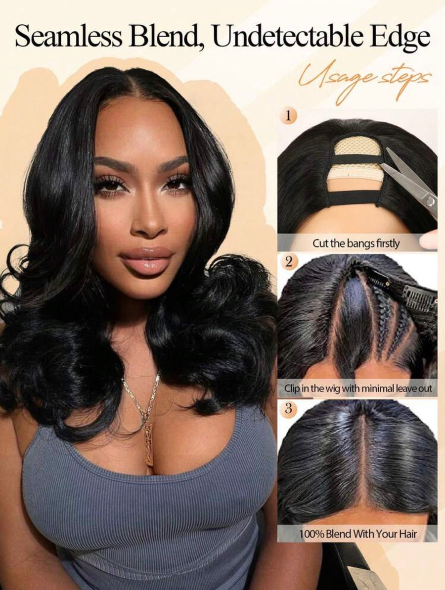 16-Inch U-Shaped Clip-On Half Wig, No Sewing Or Glue Needed, Made Of Synthetic Wavy Hair, Suitable For Daily Use By Women, Natural Color